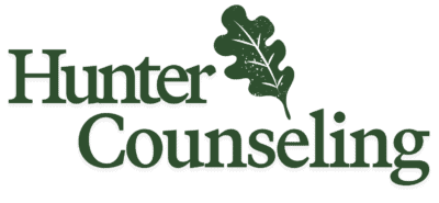 Logo for Hunter Counseling featuring the business name in green text with an oak leaf graphic above the letter "n" in "Counseling.