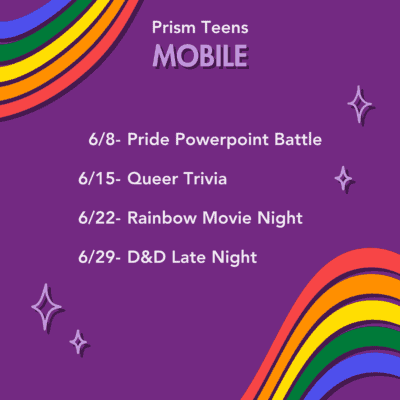 Purple flyer titled "Prism Teens MOBILE" with rainbow stripes and sparkling icons.