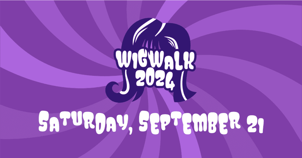 Purple spiral background with 'Wig Walk 2024' text and large date text reading 'Saturday, September 21'.