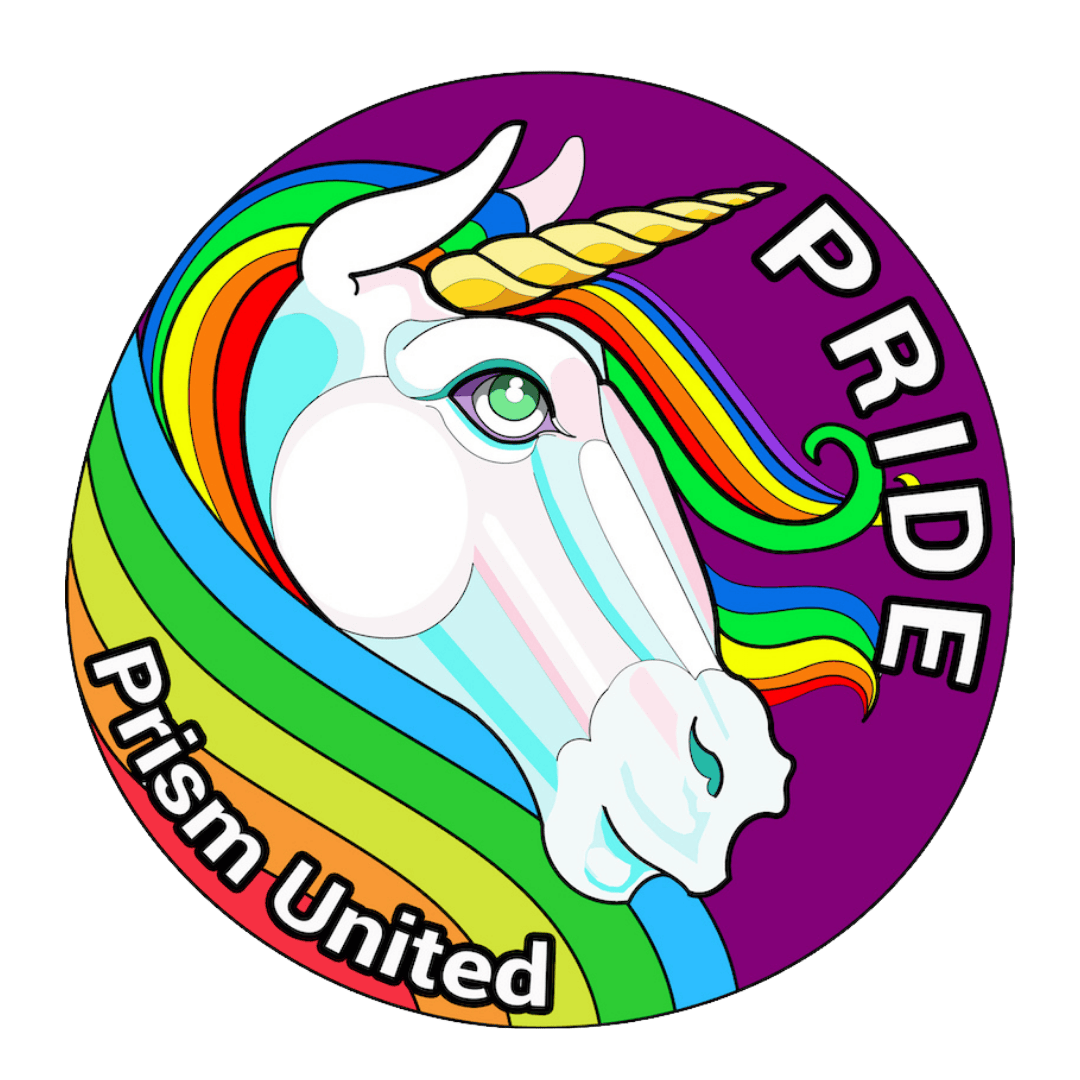 A white unicorn with a rainbow mane is centered on a purple circular background with "PRIDE" and "Prism United" written in bold, white letters.