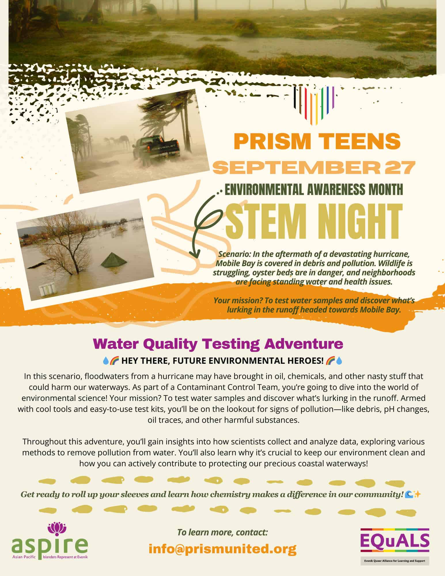 Flyer for "STEM Night" by PRISM Teens on September 27, focused on environmental awareness, water quality testing, and environmental issues after hurricanes. Logos and event details are included.