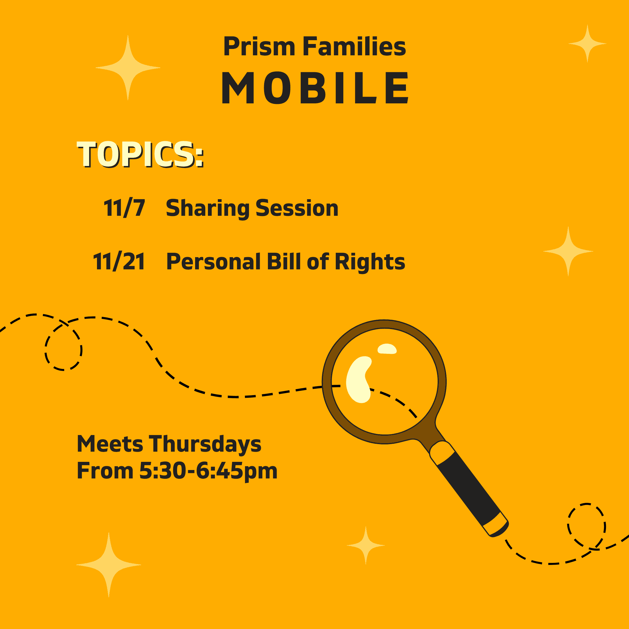 Yellow flyer for Prism Families Mobile. Topics: 11/7 Sharing Session, 11/21 Personal Bill of Rights. Meets Thursdays from 5:30-6:45pm. Magnifying glass and star motifs.