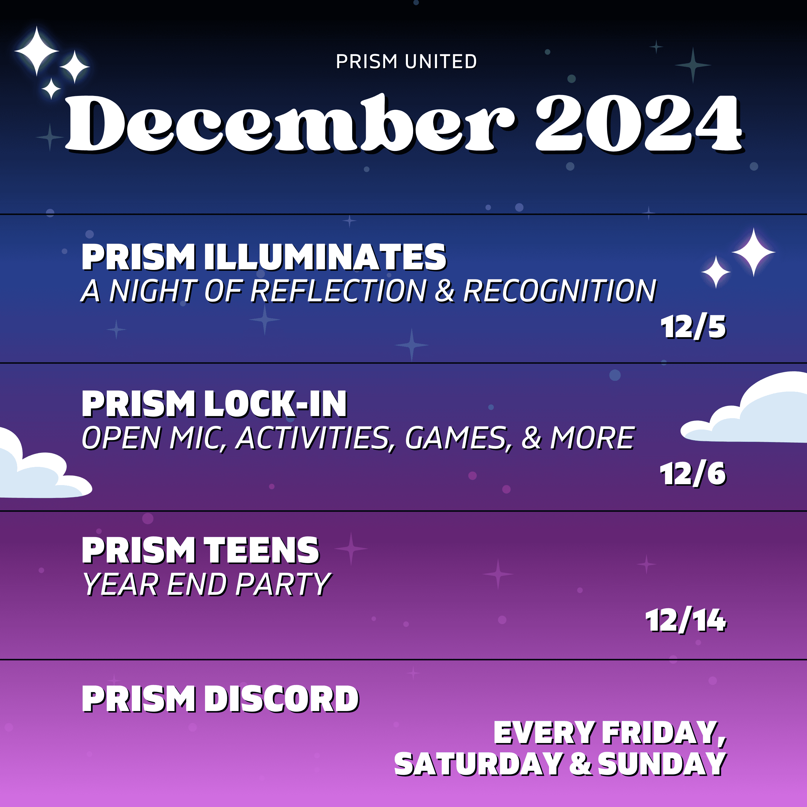 December 2024 events for Prism United: Illuminates on 12/5, Lock-In on 12/6, Teens Party on 12/14, and Discord events every Friday, Saturday, and Sunday.