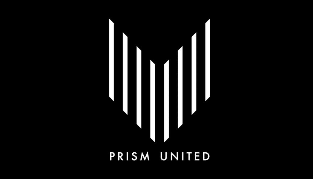 A graphic logo consisting of white vertical bars arranged to form a stylized prism above the text "prism united" on a black background.