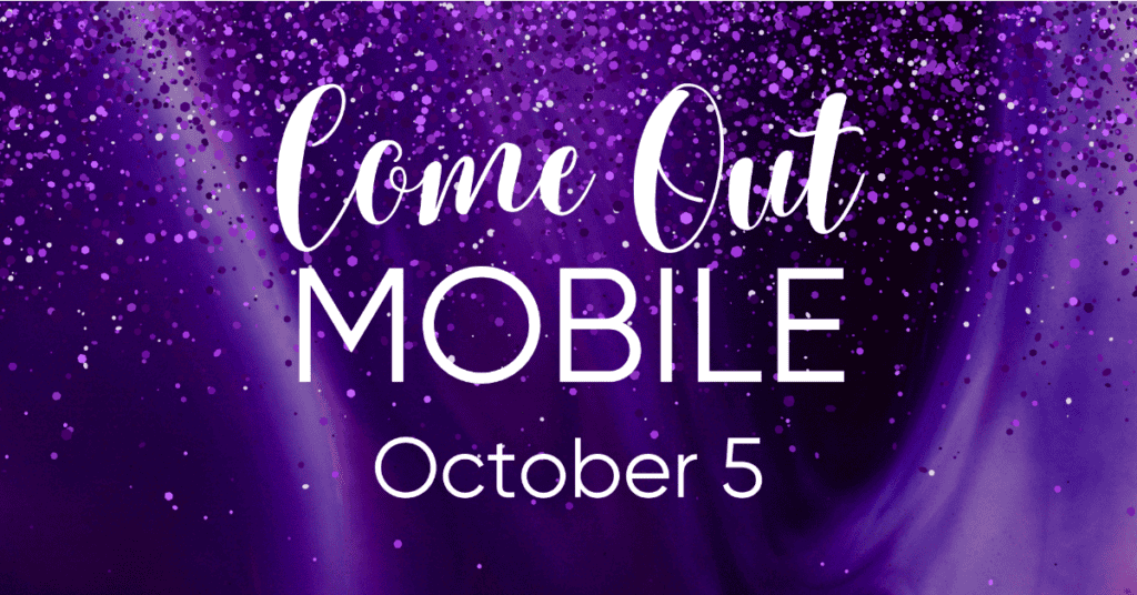 A purple background with glittery details featuring the text "Come Out Mobile October 5".