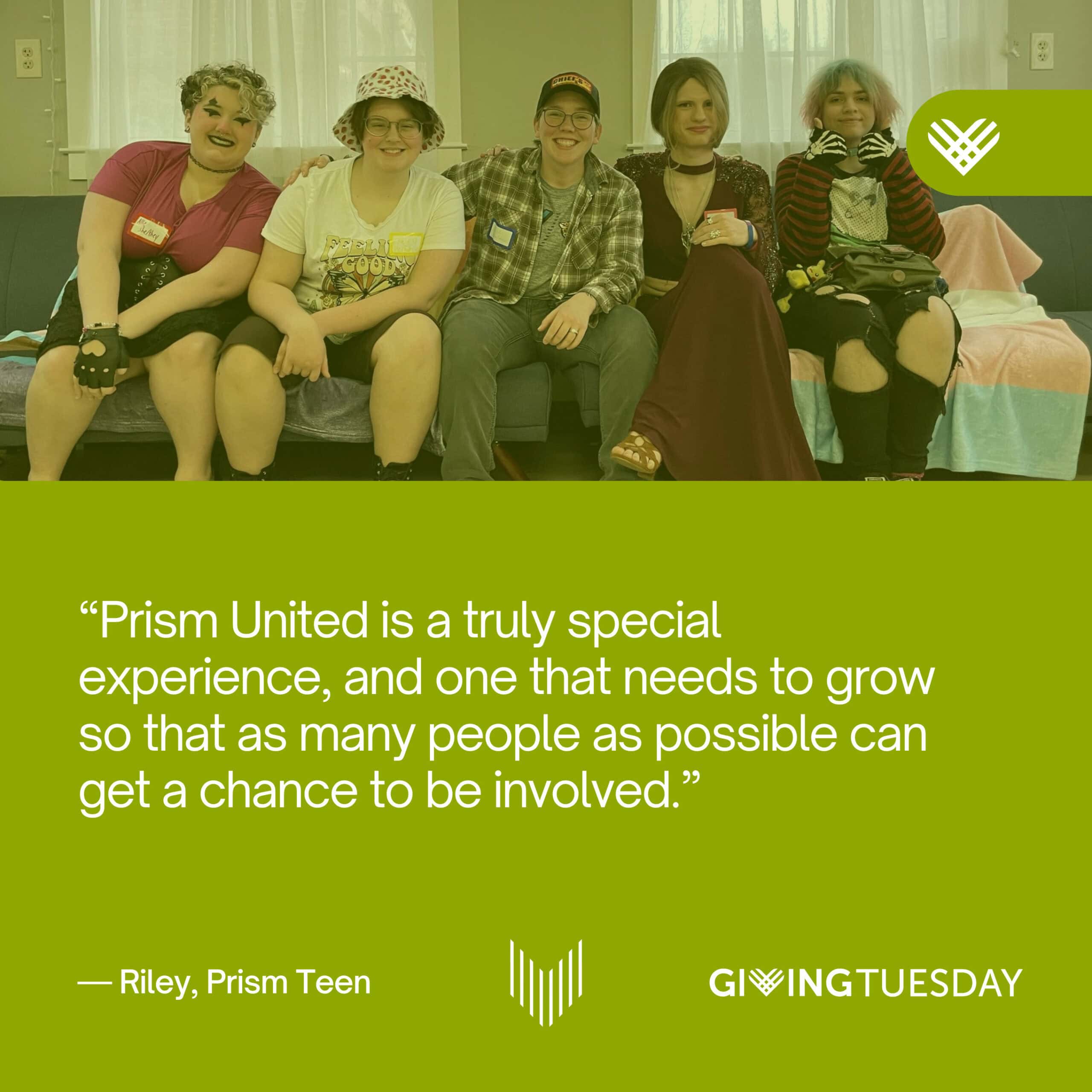 Five people sitting on a couch smiling, with an inspiring quote about Prism United and Giving Tuesday written below them.