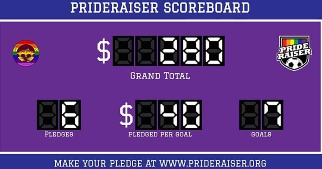 A Prideraiser scoreboard showing a grand total of $2380 with 6 pledges, $40 pledged per goal, and 7 goals scored. Visit www.prideraiser.org to make a pledge.