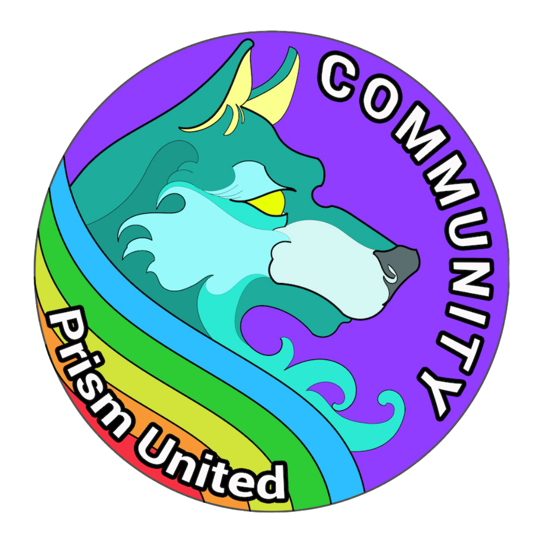 A circular logo featuring a stylized wolf head with rainbow-colored stripes and the words "Prism United Community" on a purple background.