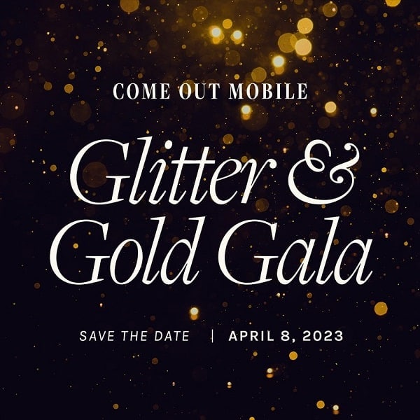 Invitation to a 'glitter & gold gala' event with a reminder to save the date for april 8, 2023.