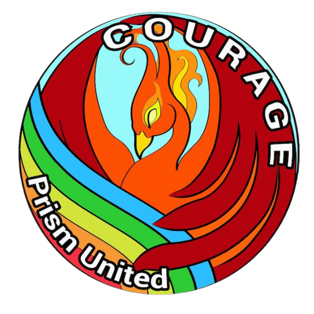 A circular logo with a red and orange phoenix, a rainbow ribbon, and the words "COURAGE" and "Prism United" around the edges.