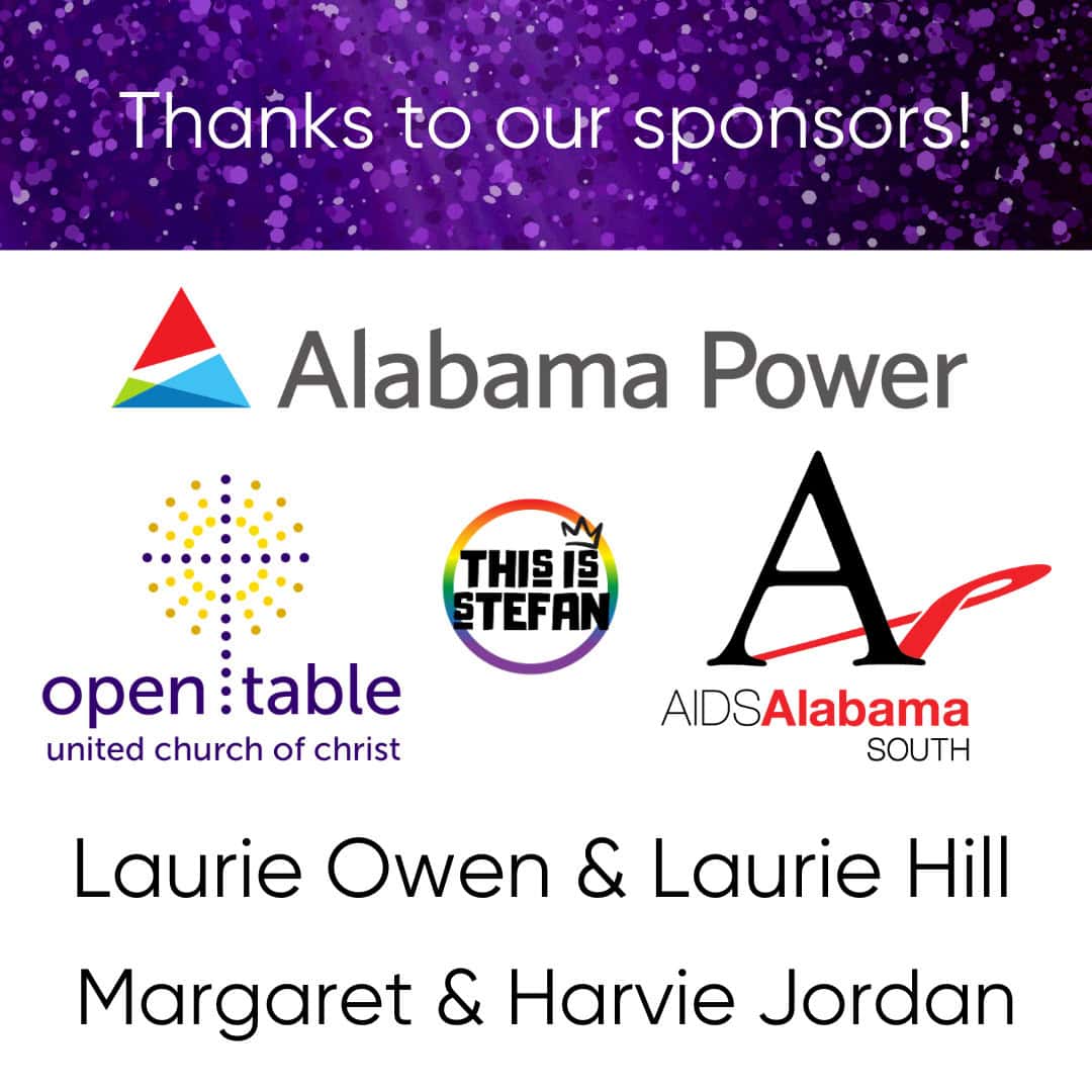 Sponsor logos and names on a purple glitter background: Alabama Power, Open Table, This Is Stefan, AIDS Alabama South, Laurie Owen & Laurie Hill, and Margaret & Harvie Jordan.