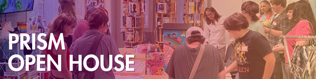 A group of people gather in a colorful room with bookshelves and artwork during a PRISM Open House event.