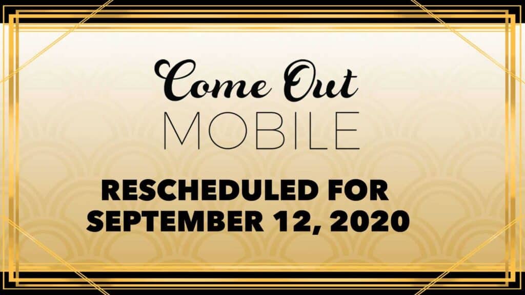 Event poster announcing 'come out mobile' rescheduled for september 12, 2020, with an elegant gold and white design.