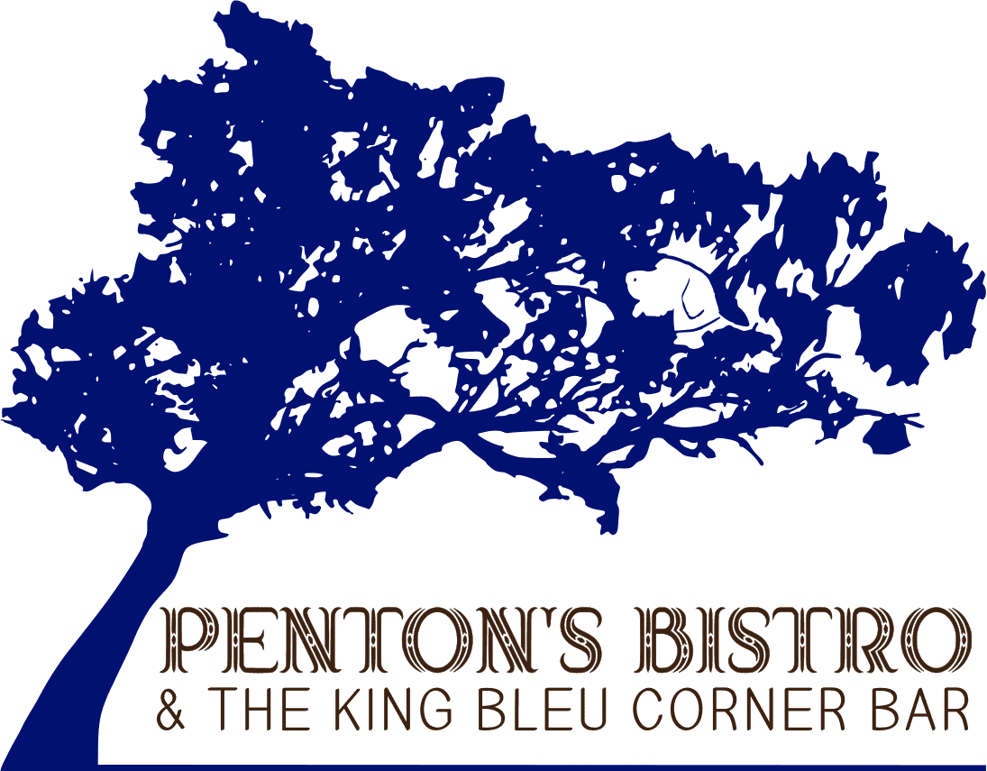 A blue silhouette of a tree above the text "Penton's Bistro & The King Bleu Corner Bar" in stylized brown and blue font.