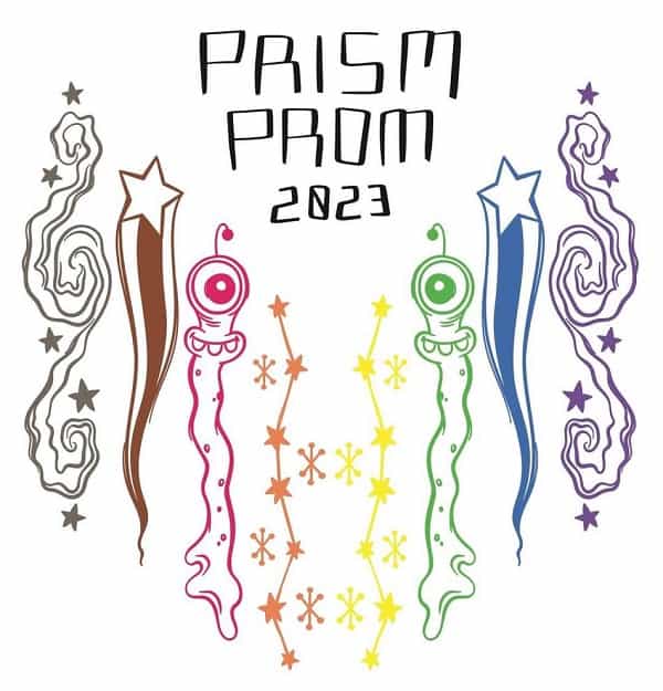 Prism prom 2023" with colorful squiggly lines and stars surrounding whimsical alien figures.