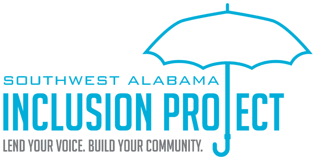 Logo of the southwest Alabama Inclusion Project featuring an umbrella graphic with the tagline "lend your voice, build your community.