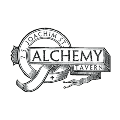 Logo of alchemy tavern featuring stylized text and graphic elements.
