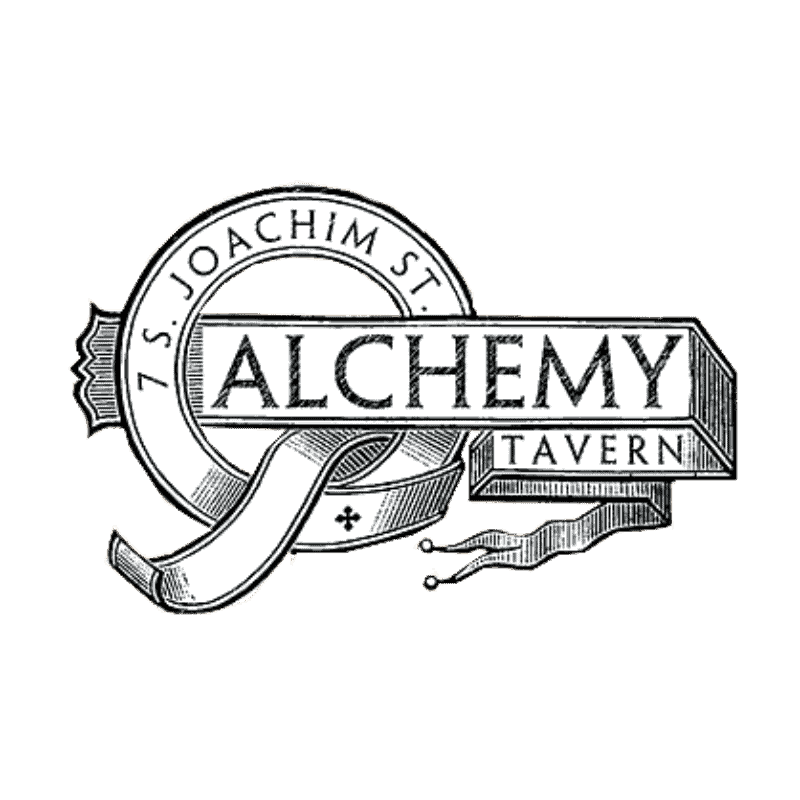 Logo of alchemy tavern featuring stylized text and graphic elements.