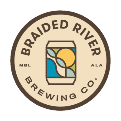 Logo of braided river brewing co. featuring a stylized can with a nature scene and the sun within a circular border.