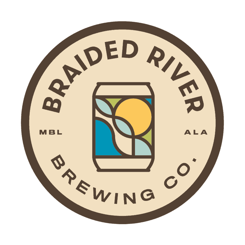 Logo of braided river brewing co. featuring a stylized can with a nature scene and the sun within a circular border.