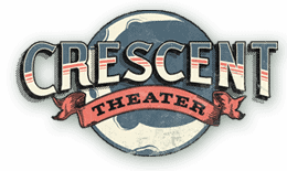 Vintage-style logo for crescent theater featuring a crescent moon and a banner.