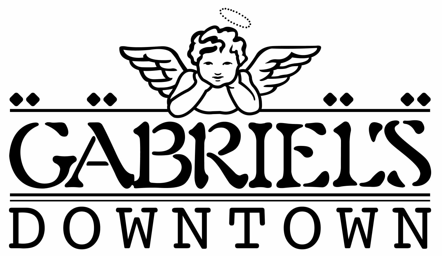 Black and white logo with a cherub with a halo and wings above the words "Gabriel's Downtown" in stylized text.