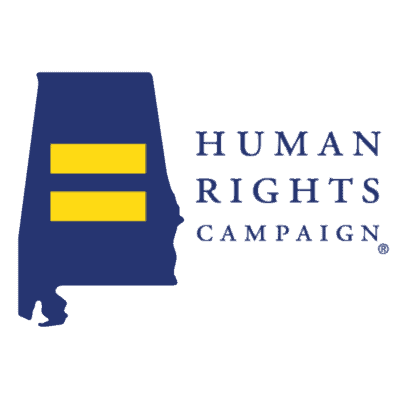 Logo of the human rights campaign featuring a blue silhouette of alabama with two horizontal yellow stripes.
