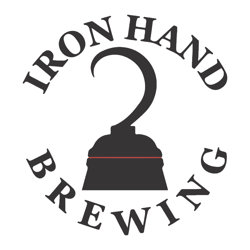 Logo of iron hand brewing featuring a stylized iron hand gripping a bell with a red stripe.