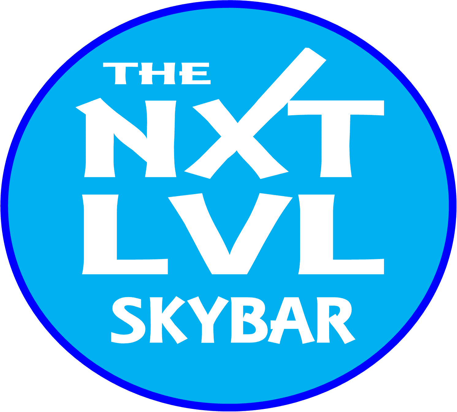 A blue circular logo with a thin dark blue border, featuring the white text "THE NXT LVL SKYBAR" in bold, stylized font.