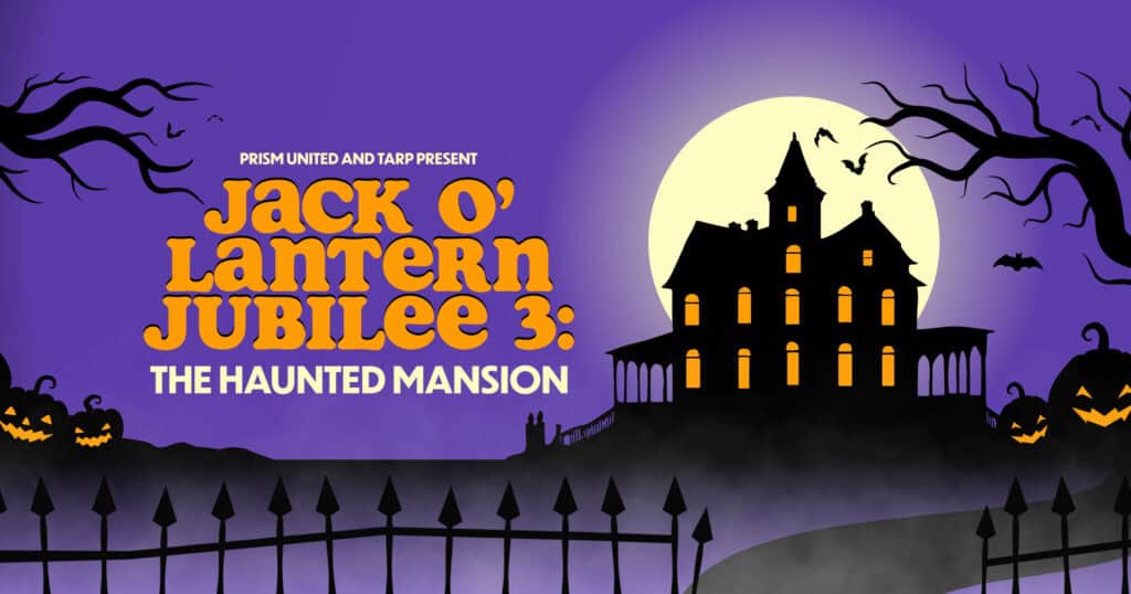 Illustrated poster for "Jack O' Lantern Jubilee 3: The Haunted Mansion" with a spooky house, full moon, pumpkins, and gnarled trees against a purple background.