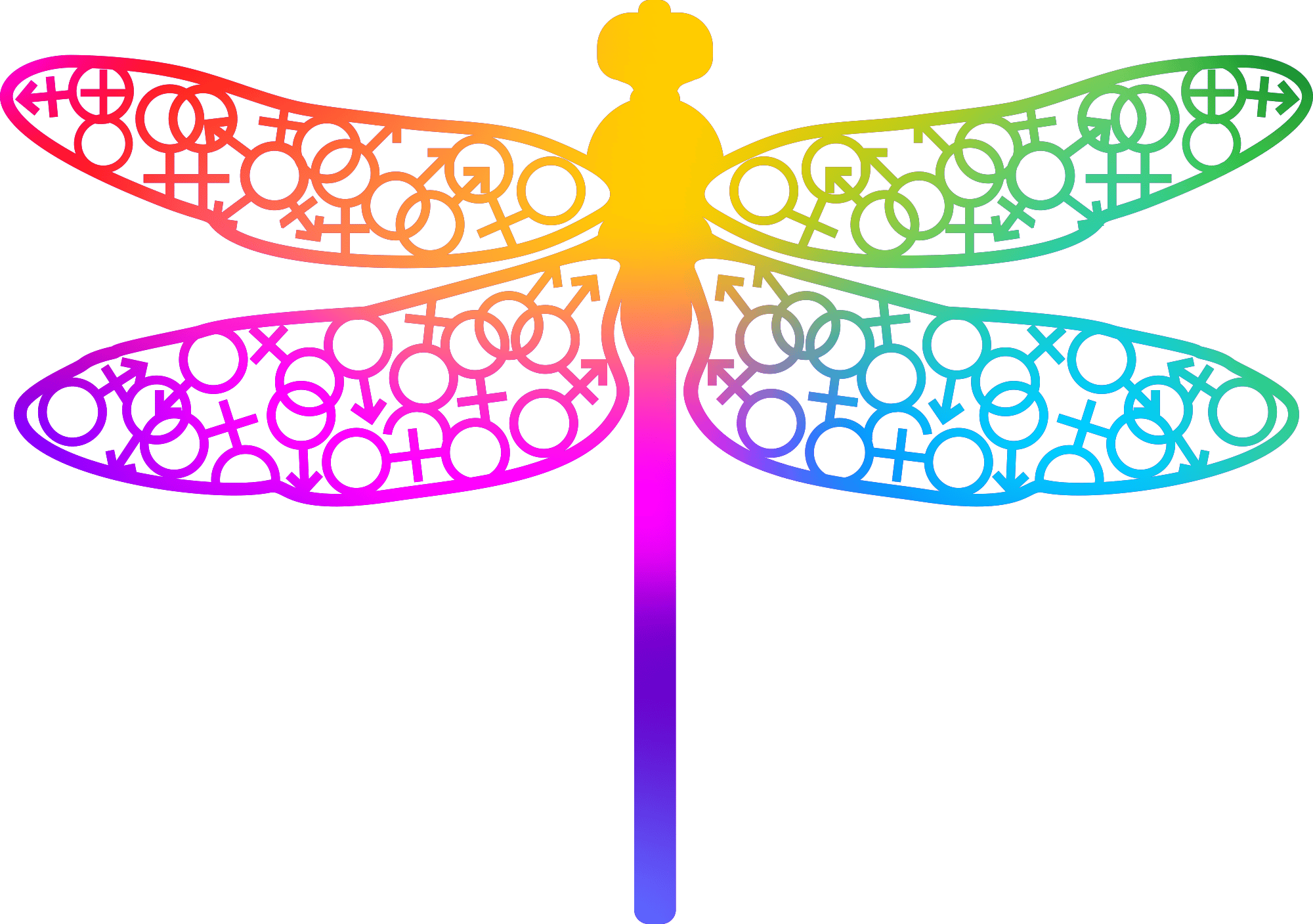 A colorful dragonfly silhouette filled with interconnected circles, displayed in gradient shades from red to purple.