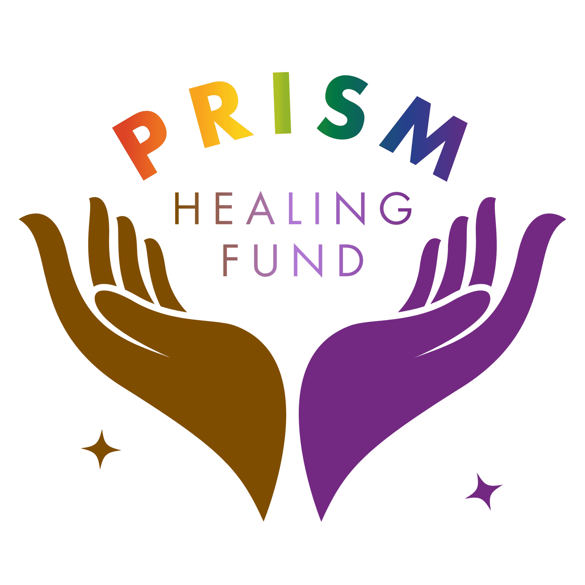 Two open hands, one brown and one purple, beneath the words “PRISM HEALING FUND” in rainbow colors, with two small stars on a white background.