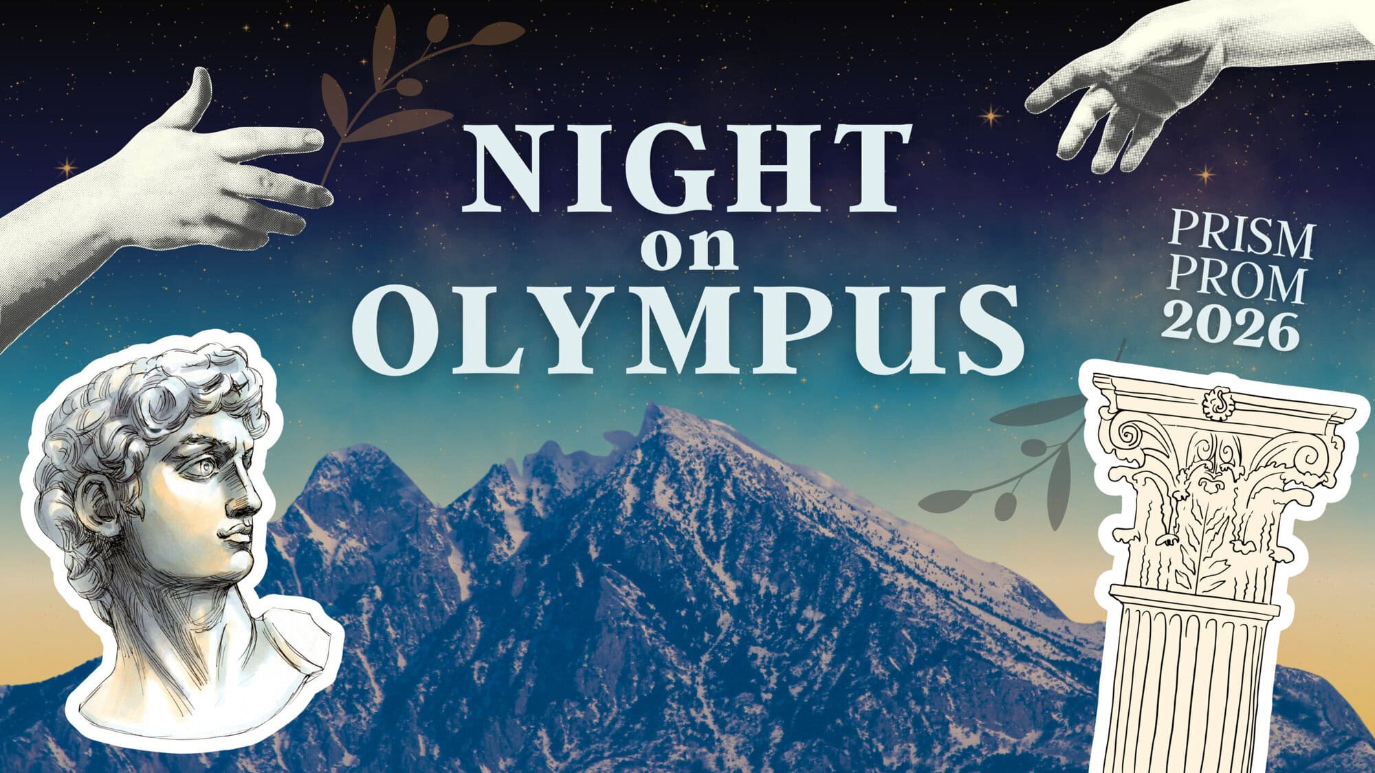 Promotional graphic for "Night on Olympus" Prism Prom 2026, featuring classical statues, hands, a Greek column, and a mountain background.