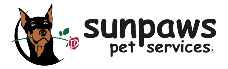 Logo for Sunpaws Pet Services featuring a Doberman holding a red rose in its mouth next to the company name in bold, rounded letters.