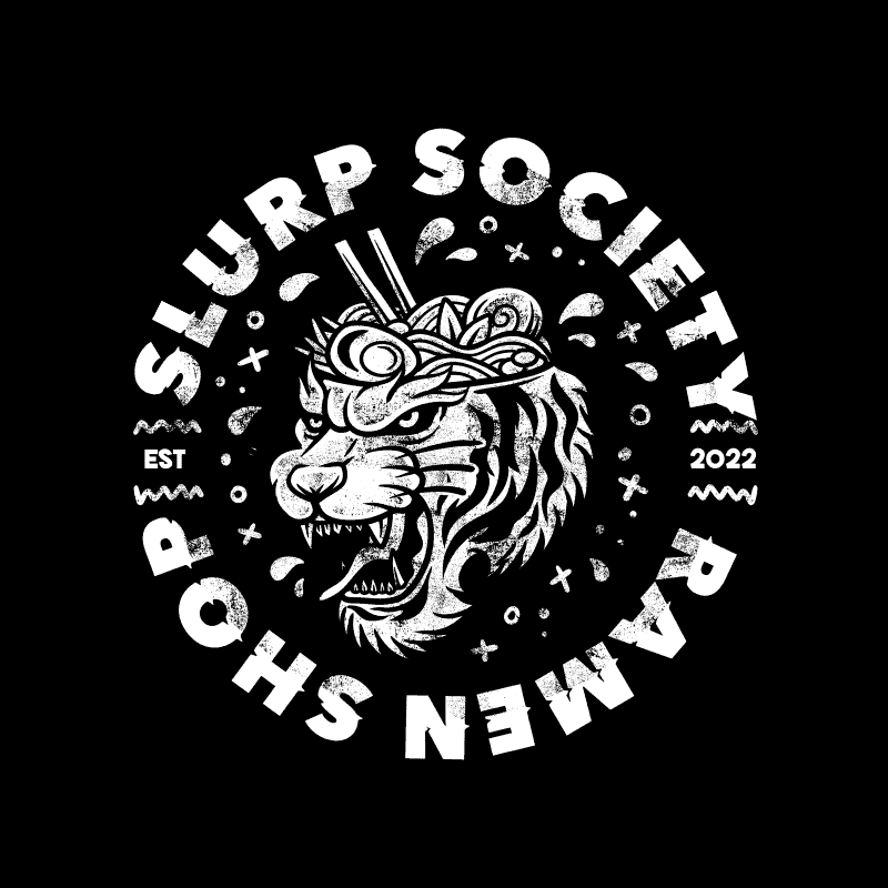 A graphic emblem featuring a lion's head with noodles on top, surrounded by the stylized text "slurp society ramen shop est. 2022.