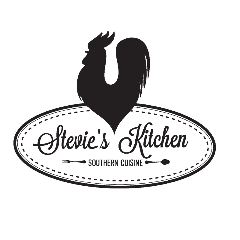 Black and white logo featuring a rooster silhouette with the text "stevie's kitchen" and the tagline "southern cuisine," framed by an oval with cutlery on each side.
