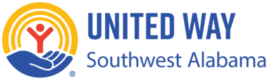 United Way Southwest Alabama logo features a red figure with arms raised inside a yellow circular design, next to a blue hand.