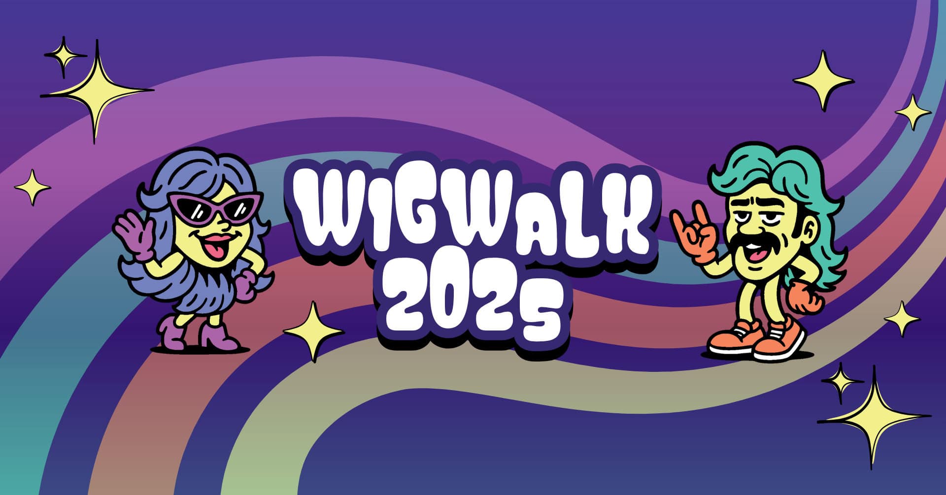 Colorful banner with "Wigwalk 2025" text, cartoon characters in wigs, and sparkling stars on a purple and green wavy background.