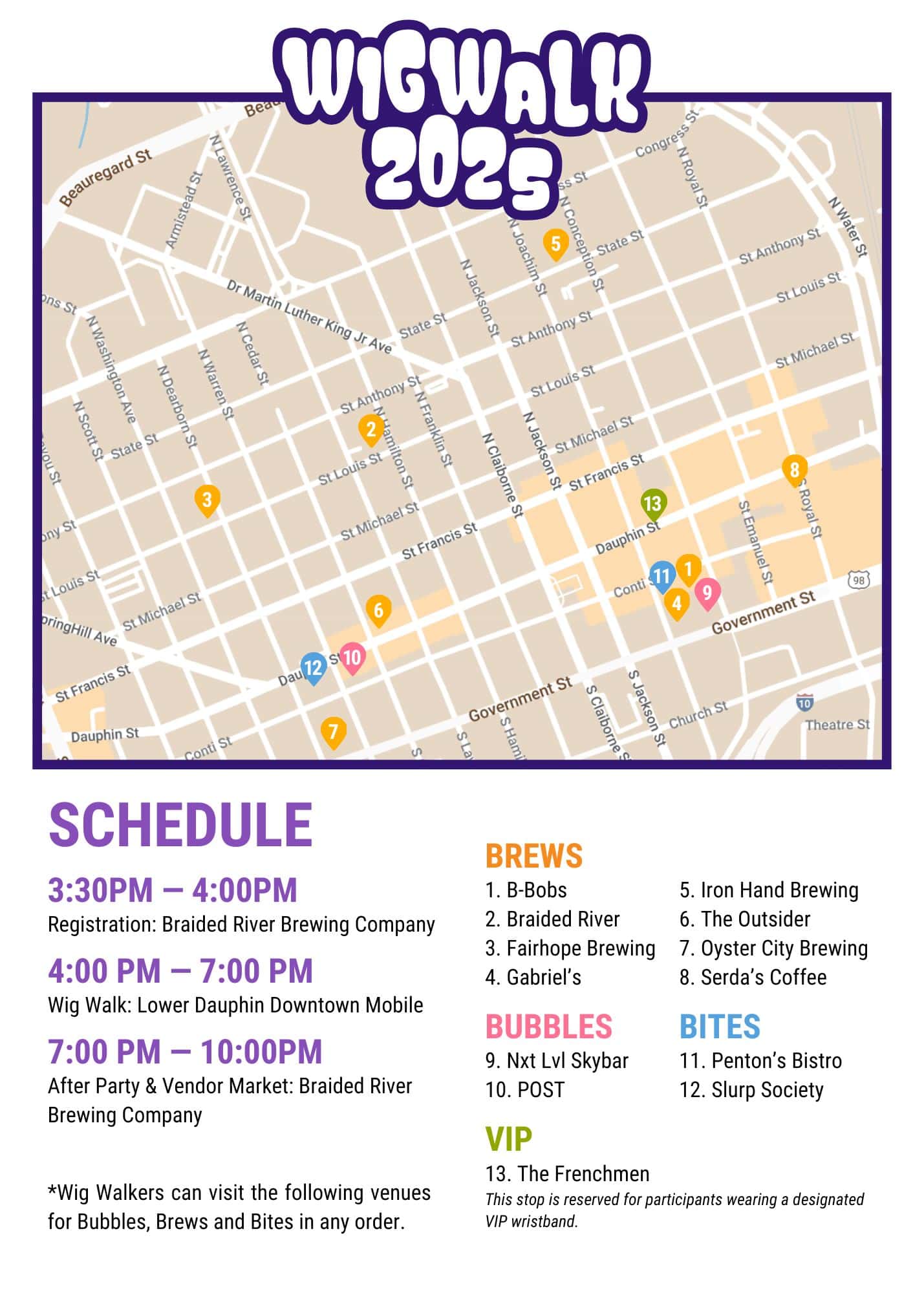 Map of downtown Mobile for Wig Walk 2025, with event schedule, participating venues for brews, bubbles, and bites, and labeled locations highlighted on the map.