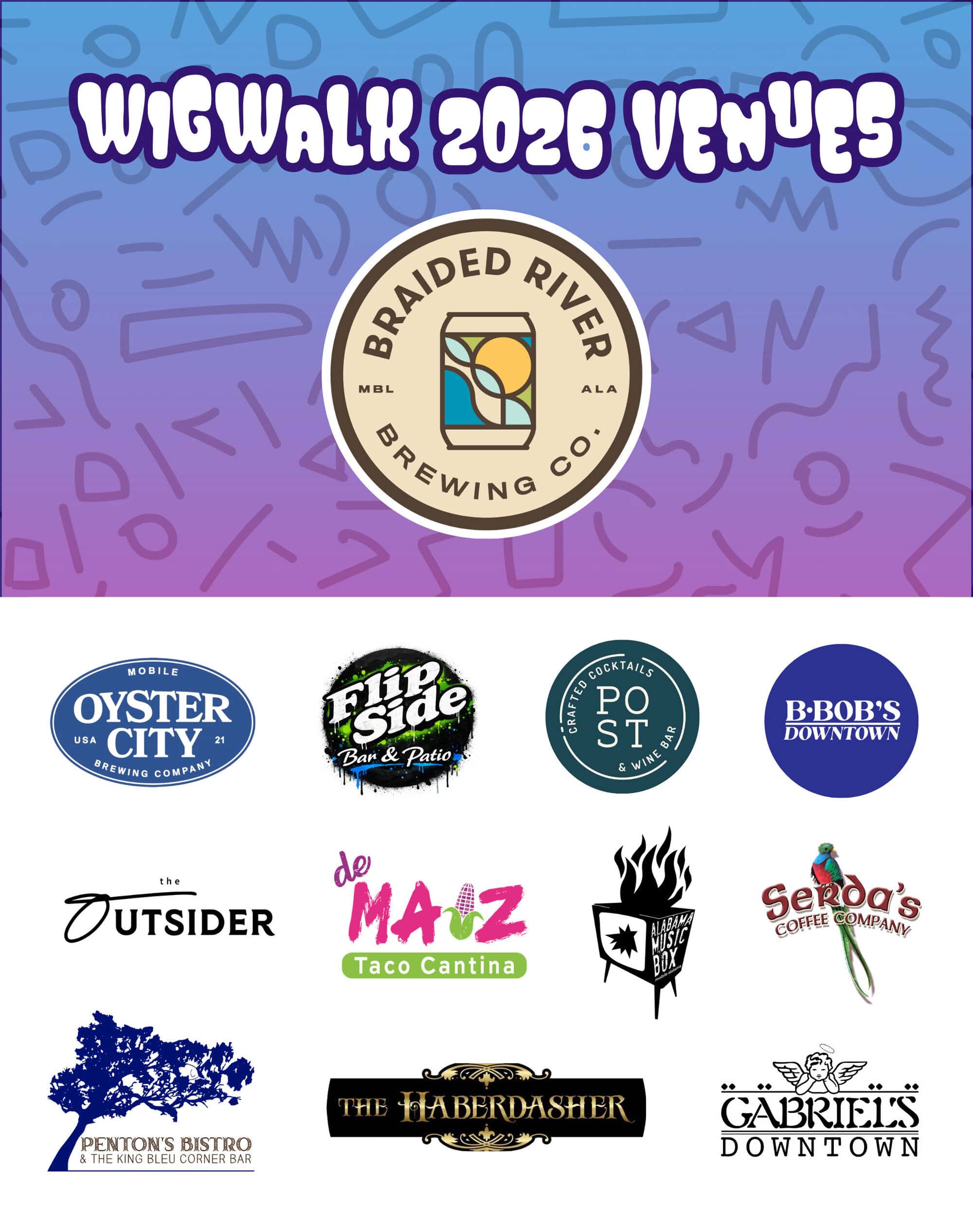 WW2026_Promo_IG Poster for Wigwalk 2026 Venues featuring the Braided River Brewing Co. logo and the logos of eleven participating bars and restaurants in Mobile, Alabama.
