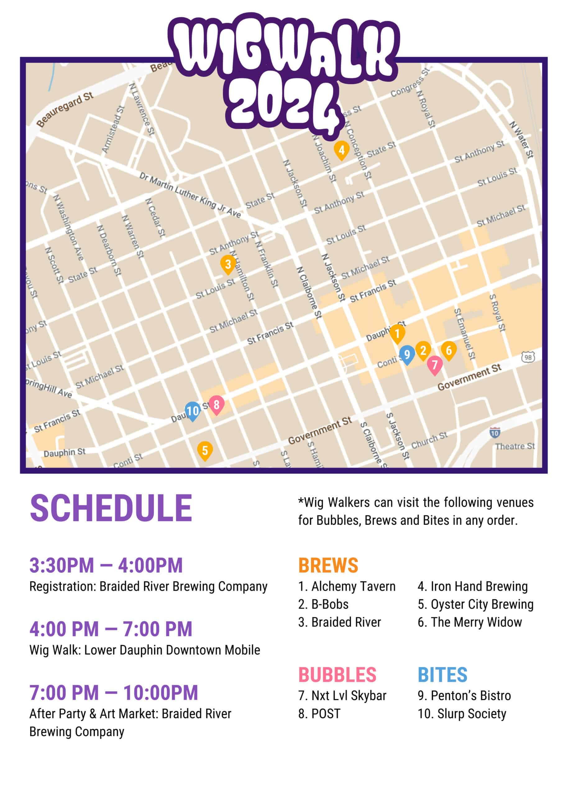 A map featuring venues for the Wig Walk 2024 in Downtown Mobile, with a schedule for registration, the walk, and after party. Categories include brews, bubbles, and bites with venue names listed.