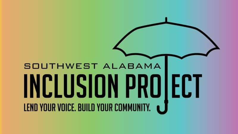 Logo of the Southwest Alabama Inclusion Project featuring a black umbrella graphic and the tagline "Lend Your Voice. Build Your Community." on a gradient background transitioning from orange to green to purple.