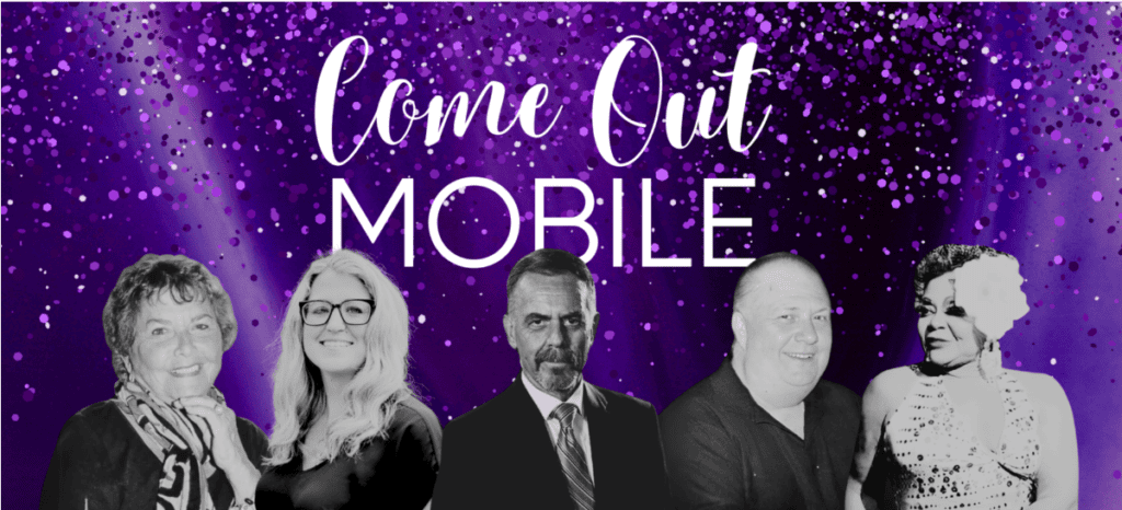 Black and white portraits of five people against a purple, sparkling background with the text "Come Out Mobile" above them.