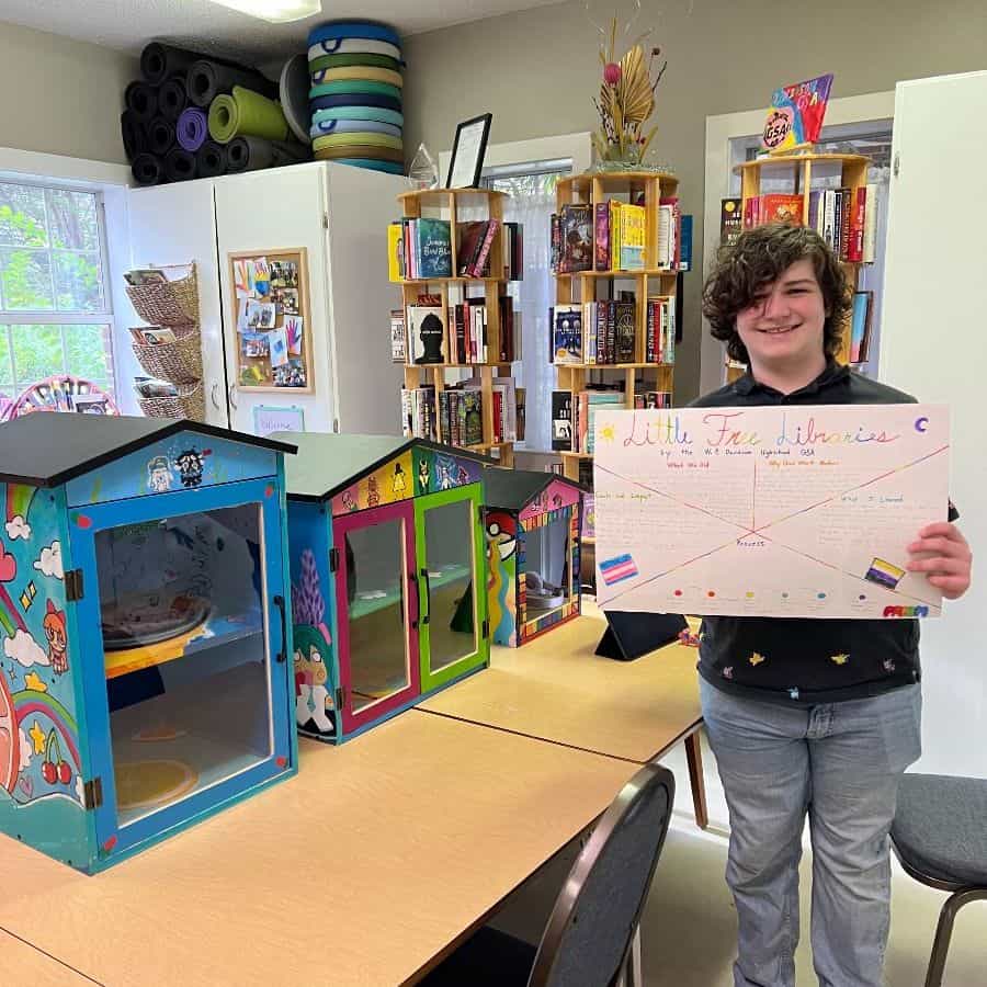 A person stands in a room holding a sign about Little Free Libraries, with decorated mini libraries and bookshelves visible in the background.