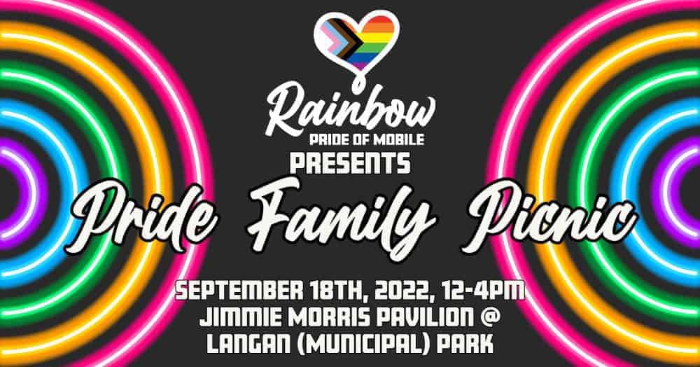 Graphic announcing the "rainbow pride of mobile presents pride family picnic" event on september 18th, 2022, with colorful swirls and a heart incorporating the pride flag colors.