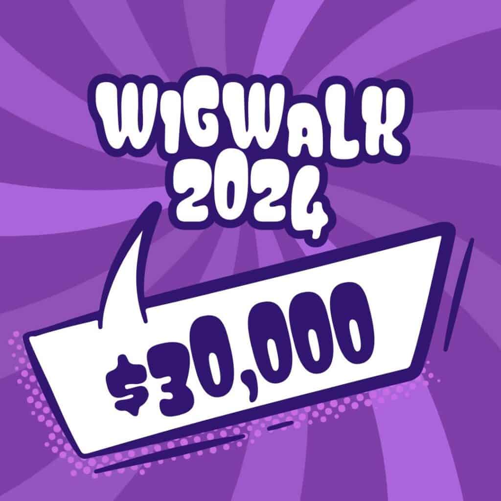 Text reads "WigWalk 2024" above a speech bubble displaying "$30,000" against a purple background.