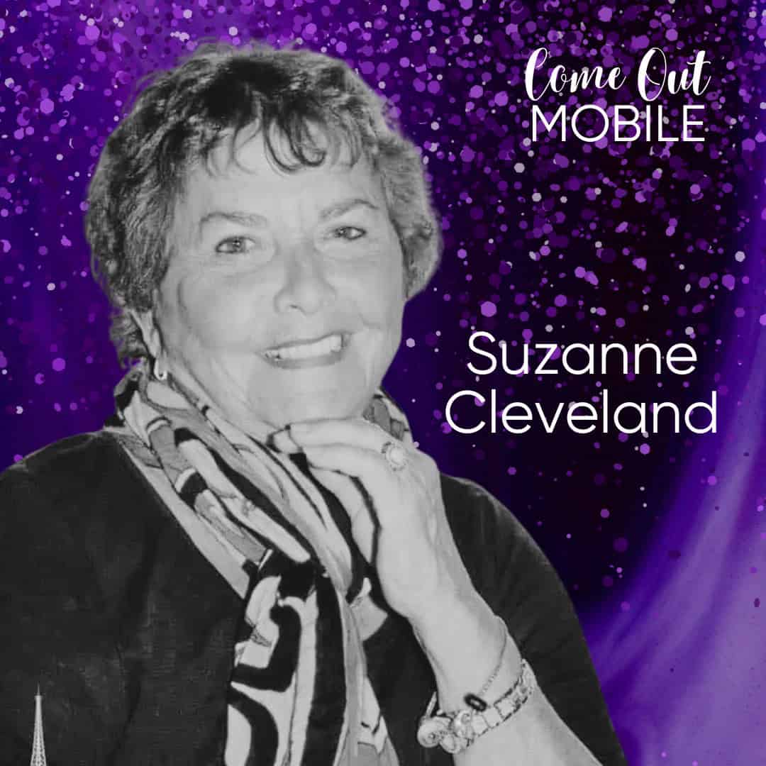 A woman smiles in a portrait against a purple, sparkling background. Text on the image reads "Come Out Mobile" and "Suzanne Cleveland.