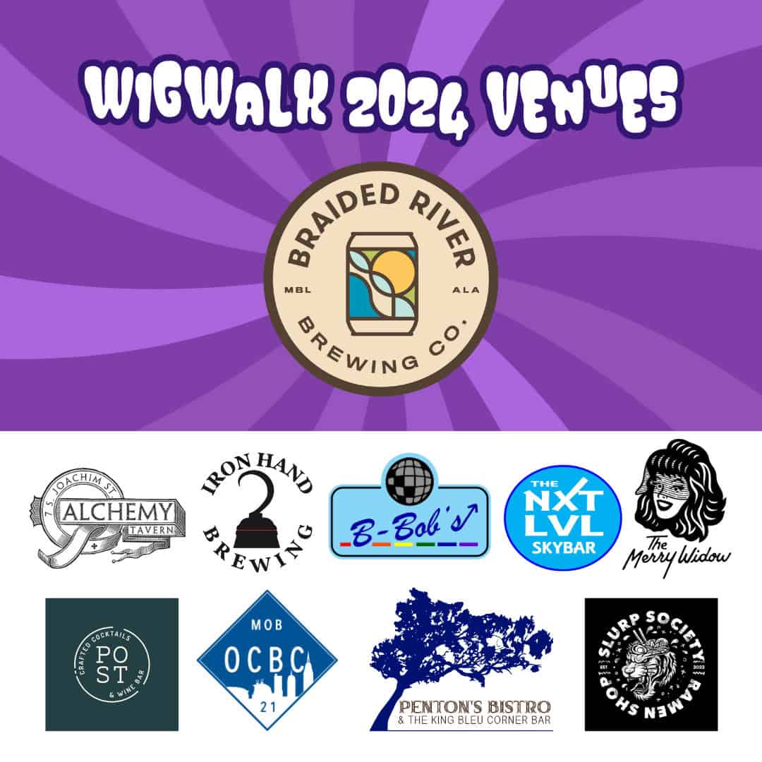 WigWalk 2024 Venues" with logos of Braided River Brewing Co., Alchemy Tavern, Iron Hand Brewing, B-Bob’s, The Nxt Lvl Skybar, The Merry Widow, and others on a purple background.