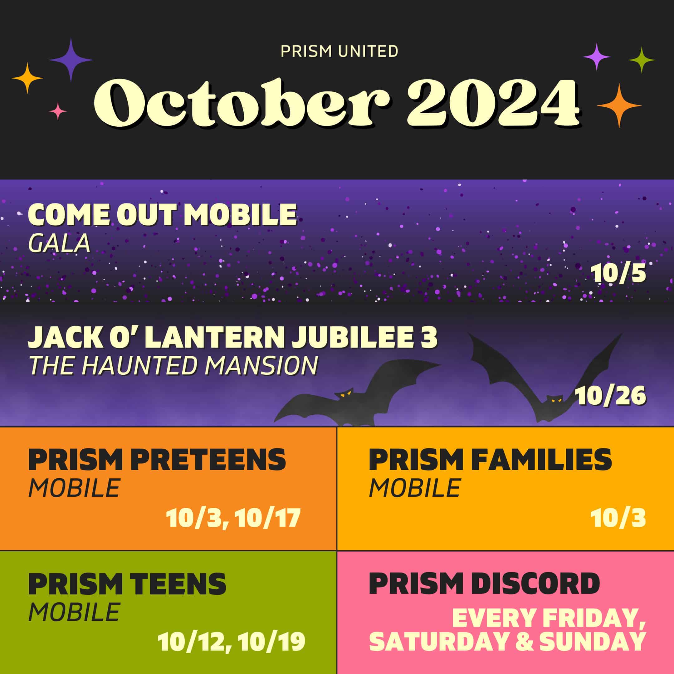 October 2024 Prism United events calendar with dates for Gala, Jack O' Lantern Jubilee, and various group activities.