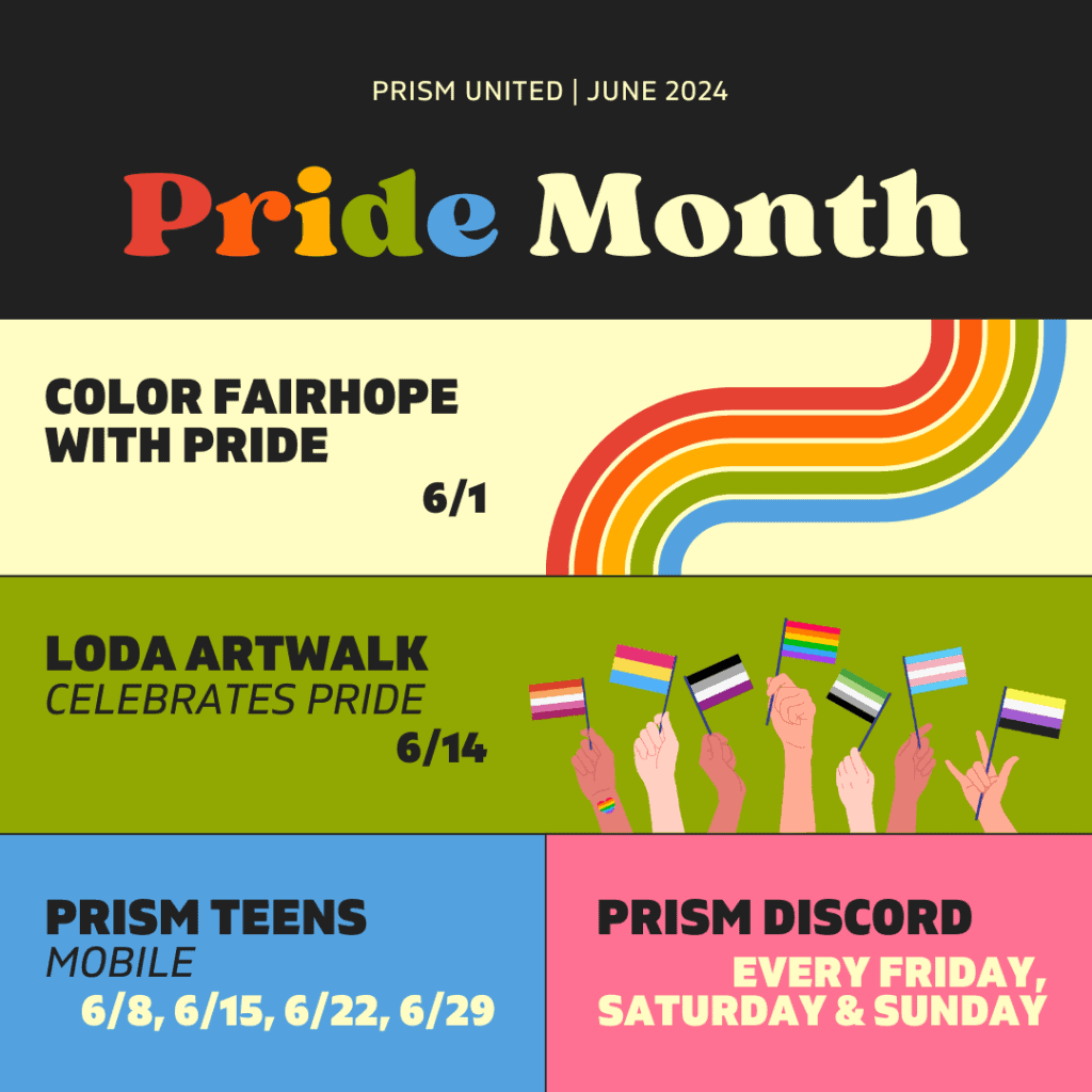 A promotional image for Pride Month events by Prism United